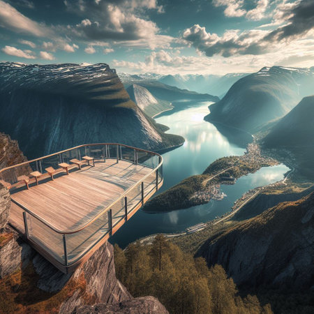 Beautiful fjord landscape with wooden pier. Norway Scandinavia Europe.の素材