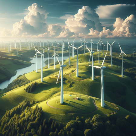 Wind turbines on the green field. 3d illustration. Nature background.の素材