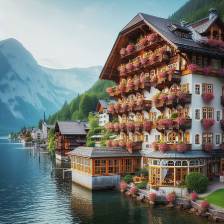 Traditional wooden houses on Hallstatter lake in Austrian Alps.の素材