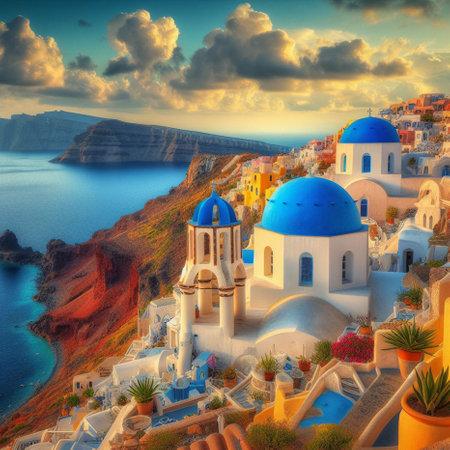Beautiful sunset over Santorini, Greece. Colorful summer landscape.の素材