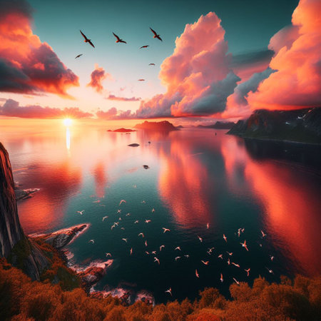 Fantastic sunset over fjord. Dramatic overcast sky. Beauty world.の素材