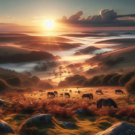 Beautiful landscape with horses in the morning mist. Digital painting.の素材