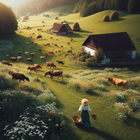 Cute little girl feeding cows in the meadow at sunset.の素材
