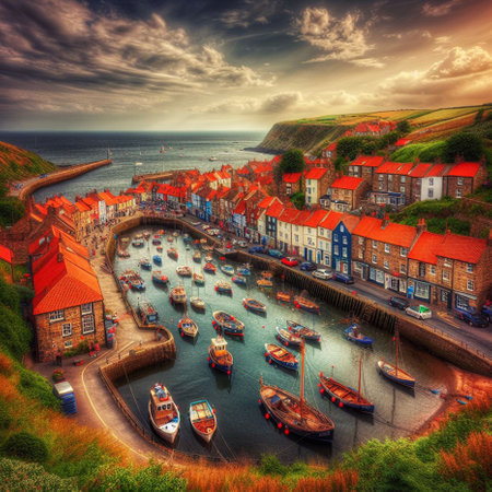 Boats in the harbour of Whitby, North Yorkshire, UKの素材