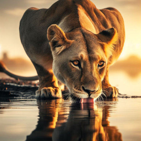 Lioness drinking water at sunset, Kruger National Park, South Africaの素材