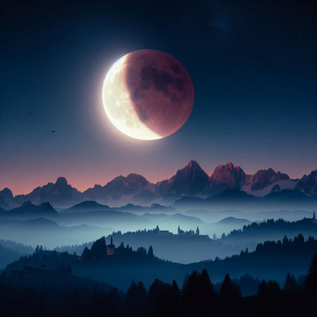 Mountain landscape with red moon in the night sky. Carpathian mountains.の素材