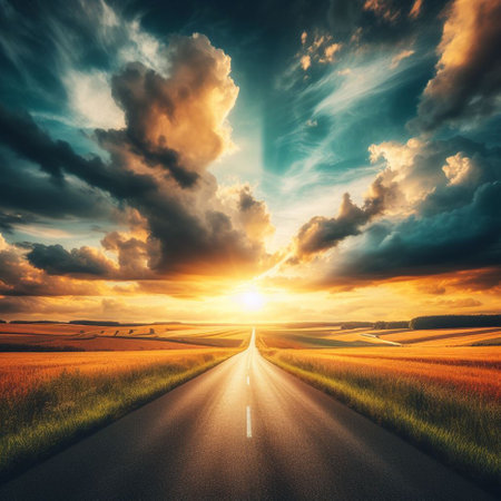 Country road at sunset. Dramatic sky with clouds. Concept of travelの素材