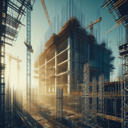 Construction site with cranes and building under construction, 3d renderの素材