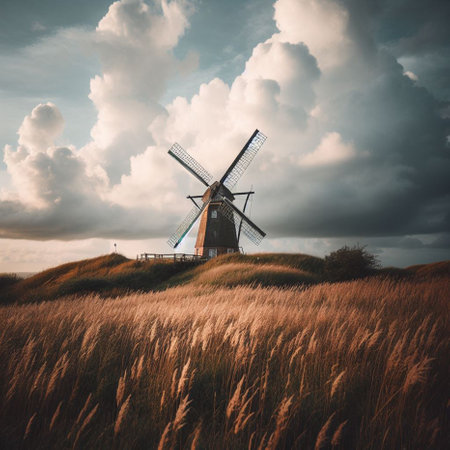 Windmill on the dunes in Holland. Vintage style toned pictureの素材