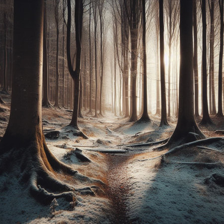 Mysterious winter forest. Magical winter forest with fog and sunlight.の素材