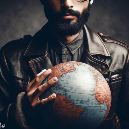 Handsome bearded hipster man in leather jacket holding globe.の素材