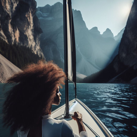 Rear view of young woman in sunglasses looking out of the window of a boat and enjoying the view of the mountainsの素材