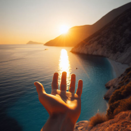 Hands of a man against the background of the sea and sunsetの素材