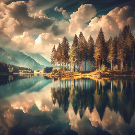 Beautiful summer landscape with lake and pine forest. Retro style.の素材