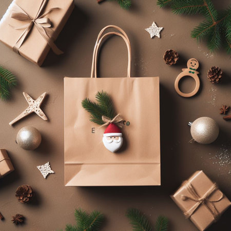 Christmas shopping bag with Santa Claus and Christmas decorations on brown background, top viewの素材