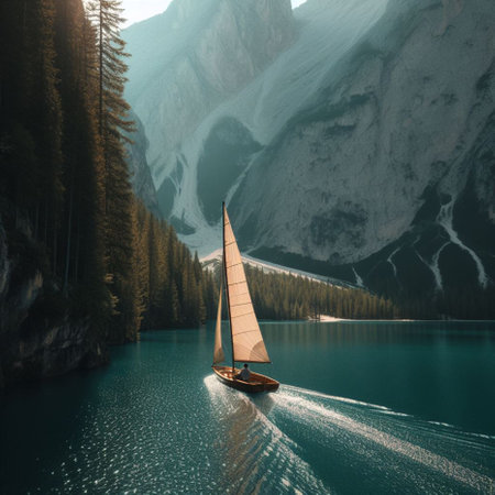 Sailing boat on the lake in the mountains. 3d renderingの素材
