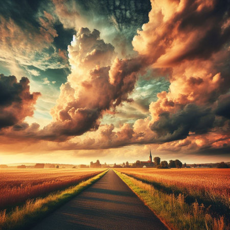 Country road through fields at sunset. Dramatic sky with clouds.の素材