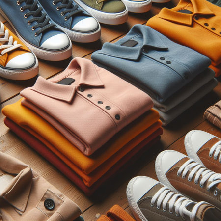 Collection of men's clothing on a wooden background. Top view.の素材