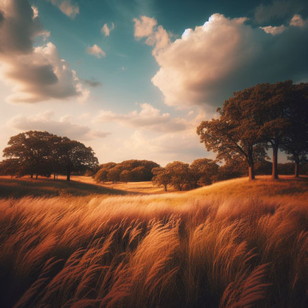 Beautiful sunset over a meadow with tall grass and trees.の素材