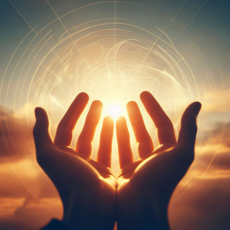 Hands of a man on the background of the sun and the skyの素材