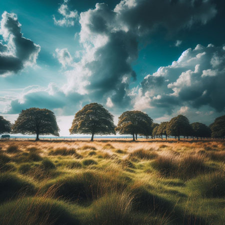 Beautiful landscape image of a field in the countryside under dramatic skyの素材