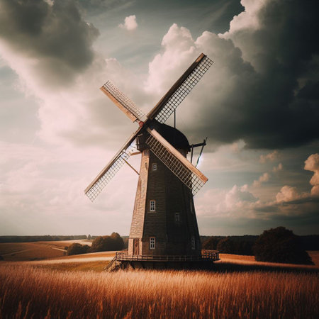 Windmill in the countryside. Vintage style toned picture. Country landscape.の素材