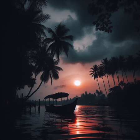 Silhouette of a boat on the river with palm trees at sunsetの素材
