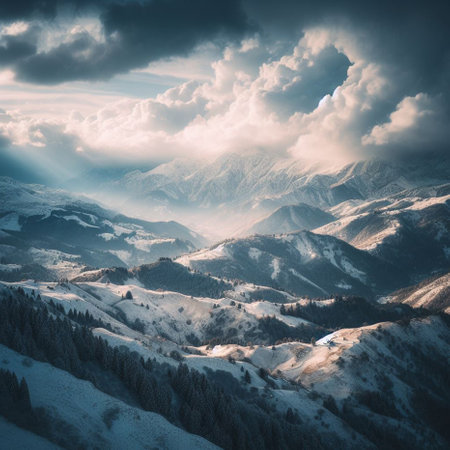 Beautiful winter landscape in the mountains. Dramatic overcast sky.の素材