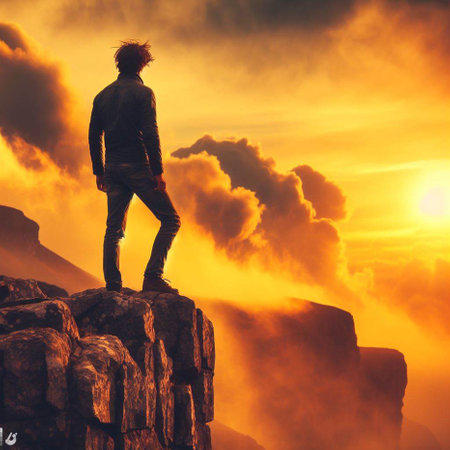 Man standing on the edge of the cliff and looking at the sunsetの素材