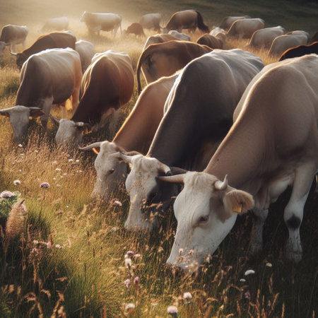 Herd of cows grazing in a meadow in the evening lightの素材
