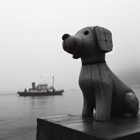Dog statue on a pier in the fog. Black and white.の素材