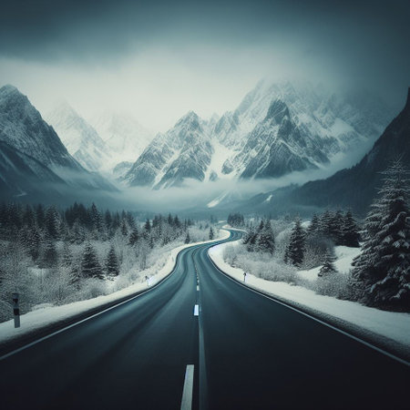 Beautiful winter landscape with snowy road and mountains in the background.の素材