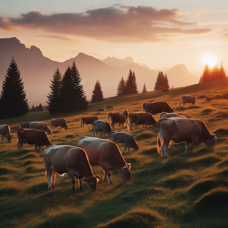 Herd of cows grazing on meadow in mountains at sunset.の素材