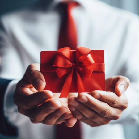 Businessman holding a red gift box with a red ribbon and bowの素材