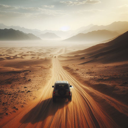 Car on the sand in the desert at sunset. 3d renderingの素材