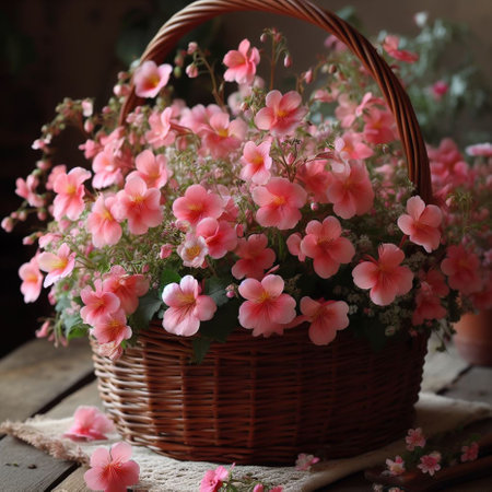 Bouquet of pink flowers in a basket on a wooden tableの素材