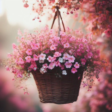 flowers in a wicker basket on the background of pink flowersの素材