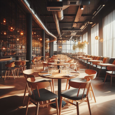 Interior of a restaurant with wooden tables and chairs, retro tonedの素材