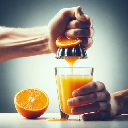 man squeezes orange juice from a squeezer into a glass on a gray backgroundの素材