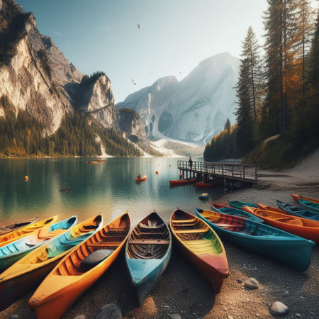Colorful kayaks on lake braies in south tyrol, italyの素材