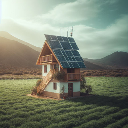 House with solar panels on the roof in the mountains. 3d renderingの素材