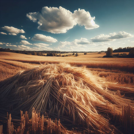 Ripe wheat field under blue sky with clouds. Photo in retro style.の素材
