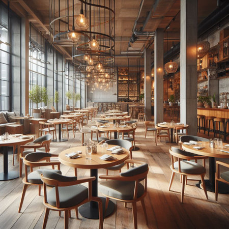 Interior of a modern restaurant with tables and chairs. 3d renderingの素材