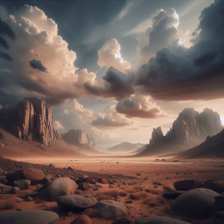 Beautiful landscape of the desert. 3d rendering. Computer digital drawing.の素材