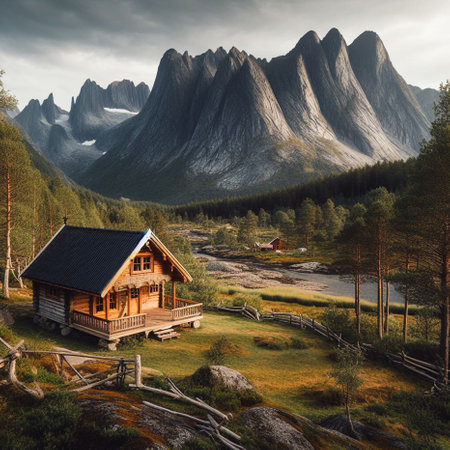 Beautiful mountain landscape with a wooden house in the middle of the forestの素材