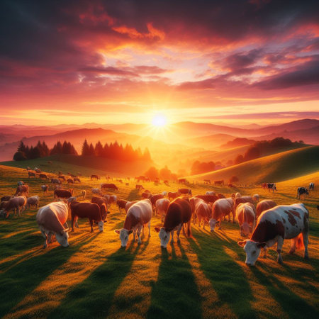 Cows grazing on meadow in mountains at sunset. Nature backgroundの素材