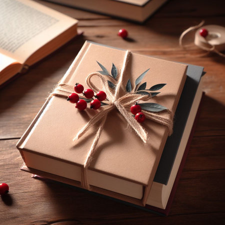 Vintage books with christmas decorations on wooden table, closeupの素材