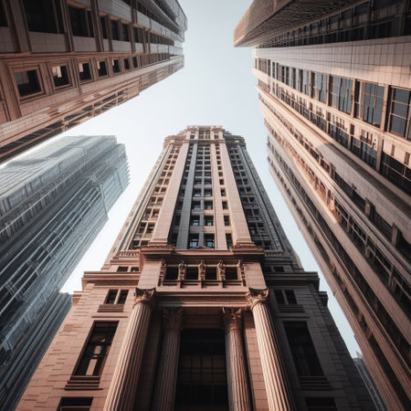 Low angle view of two skyscrapers in Chicago, Illinois.の素材
