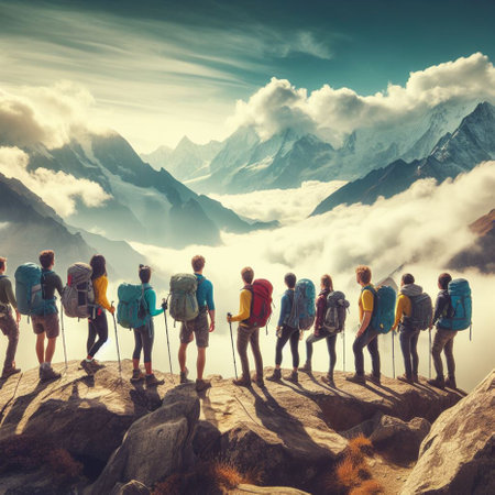 Group of hikers on the top of the mountain. Hiking conceptの素材