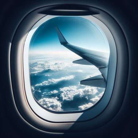 View from the airplane window on clouds and sky through the portholeの素材